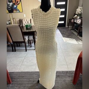 Elegant Cream Textured Dress with Cut-Outs